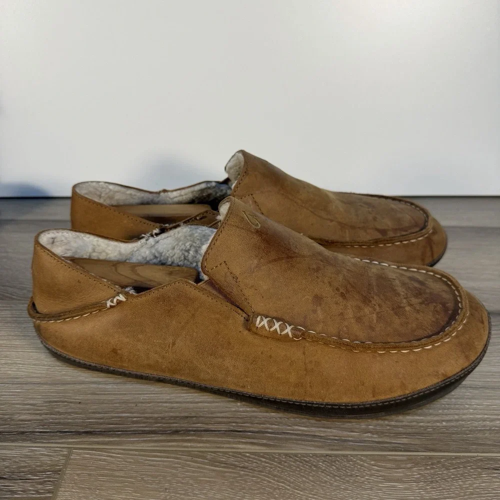 Olukai Brown Nubuck Pile Lined Moccasins Mens 11 M